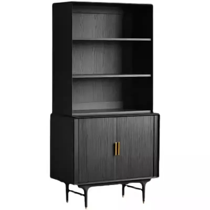 

Скандинавский средневековый промышленный стиль, витрина-шкаф из массива дуба с черными дверцами, открытая полка-стеллаж, шкаф-витрина