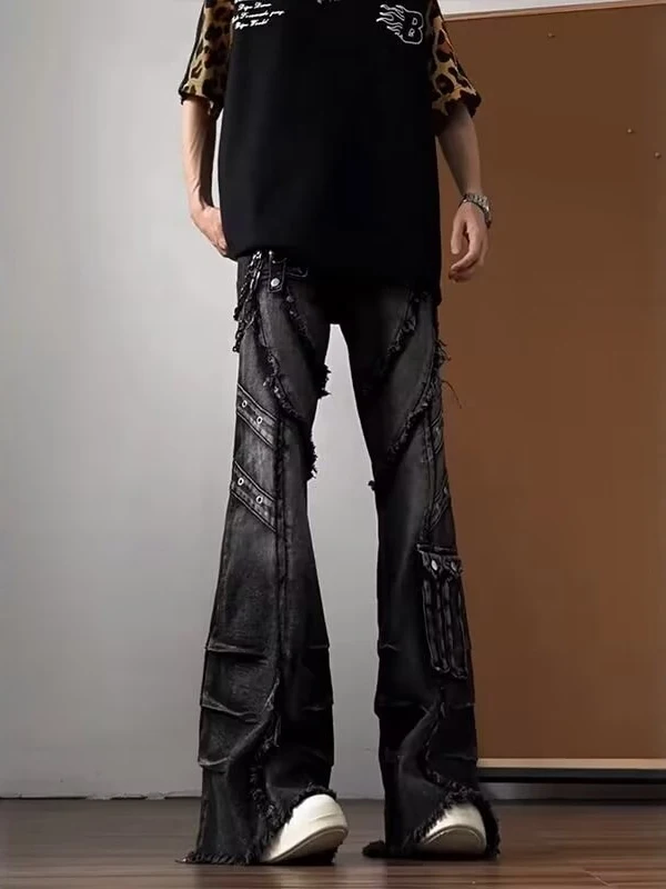 

Retro American Heavy Duty Frayed Jeans Men's Punk High Street Micro Flared Floor-Length Trendy Brands Washed out Jeans