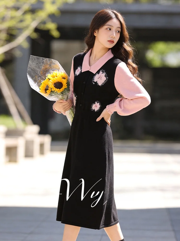 

Женское трикотажное платье больших размеров с эффектом утяжки талии, длинным рукавом, цветными блоками, А-силуэтом, для повседневной носки, с высокой талией, из глю-волокна