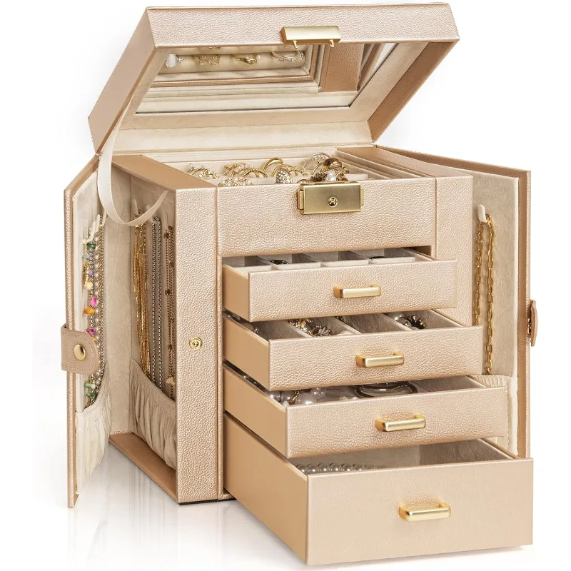 

5-Tier Jewelry Box Leather Jewelry Storage Organizer with 4 Drawers Lockable for Women Girls Ring Necklace Earring Bracelet