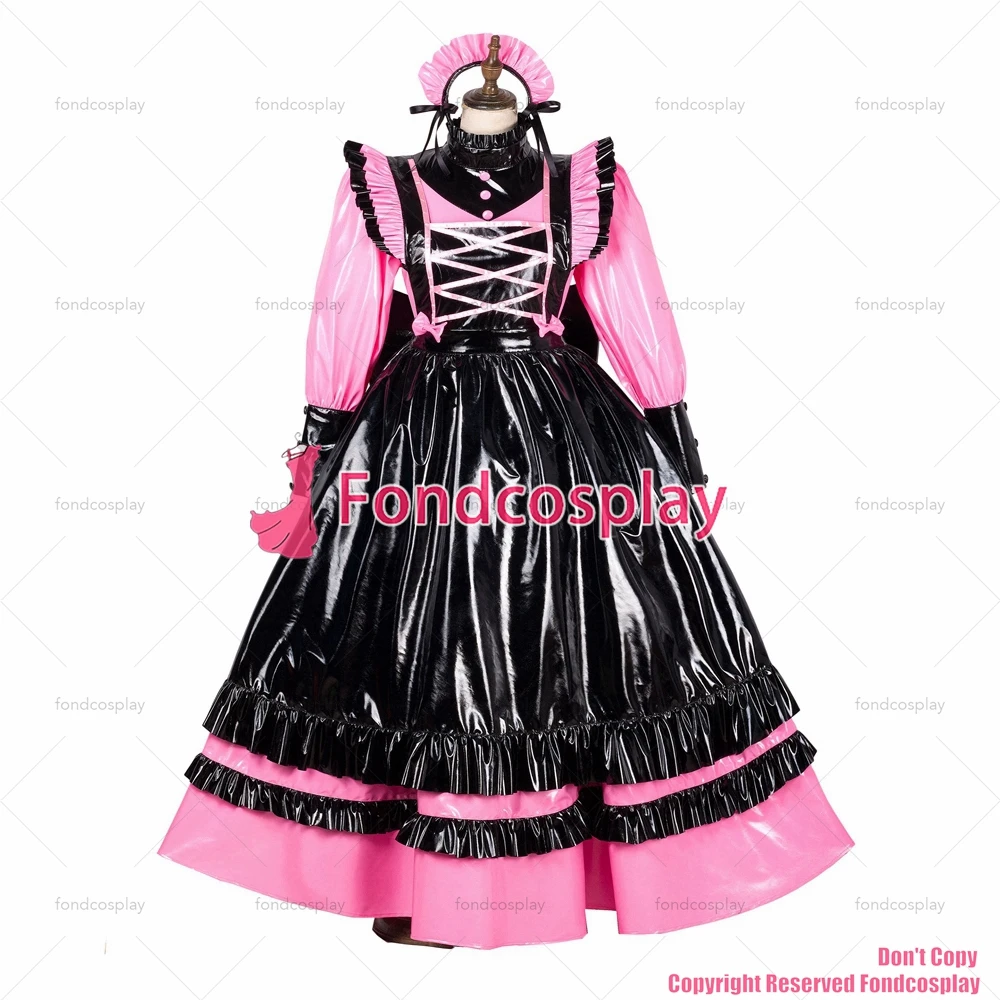 fondcosplay adult sexy cross dressing sissy maid long lockable pink thin PVC vinyl dress Uniform black apron CD/TV[G1788]