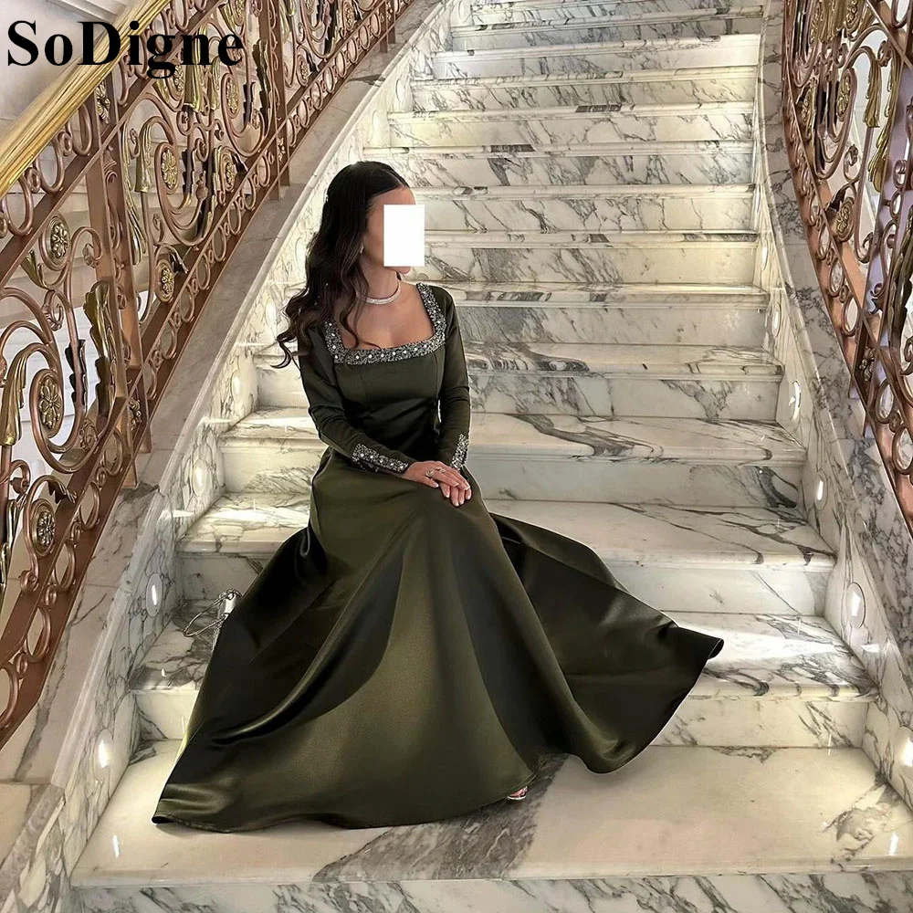 SoDigne Saudi Arabia Square-Neck Satin Evening Dresses A-Line Beading Sequins 2024 Elegant Formal Evening Prom Gown for Women