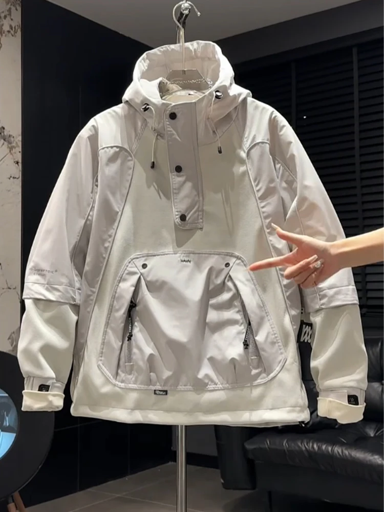 

Новинка 2025, мужская толстовка с капюшоном и высоким воротником, длинная свеч, оверсайз, лоскутная зимняя модная повседневная рабочая одежда, топ Jaet