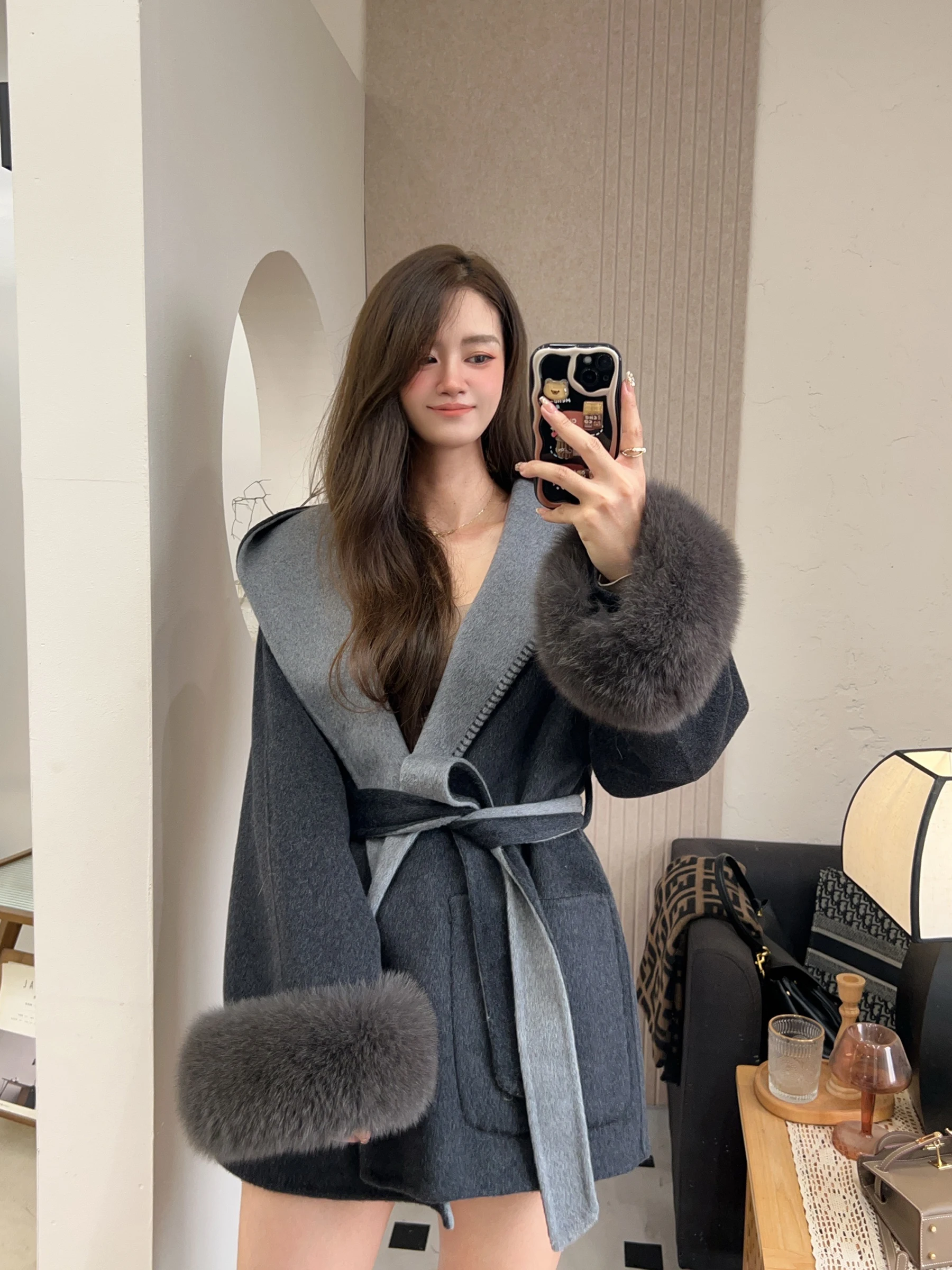 겨울 리얼 퍼 코트 여성 천연 여우털 커프스 후드 캐시미어 울 아우터 재킷 여성 양면 착용 가능