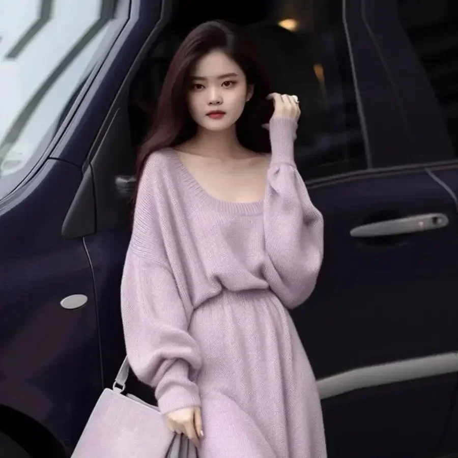 

2024 Autumn High-end Elegant Beautiful Gentle Dress for Women Autumn and Winter Loose Simple Purple Long-sleeved Sweater Dress