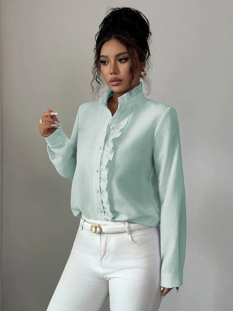 Uoozee femmes rayé col montant à volants Blouses à manches longues coupe ample bureau décontracté usage quotidien mode chemise hauts 2026 nouveau