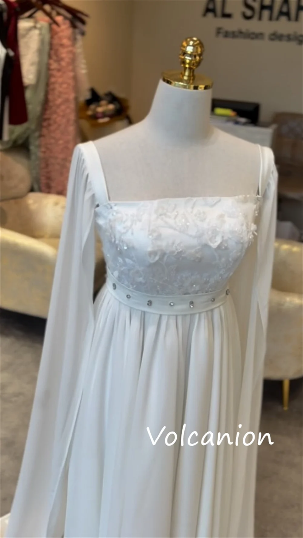 Customized Pastrol Chiffon Sequined Flower Pleat A-line Square Neck Long Dresses Bespoke Occasion Fashion