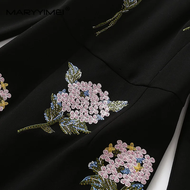 MARYYIMEI Autumn Women Dress Beaded turn-down collar Rose Embroidery Hot drilling Black Slim Package hip Elegant Mermaid Dresses