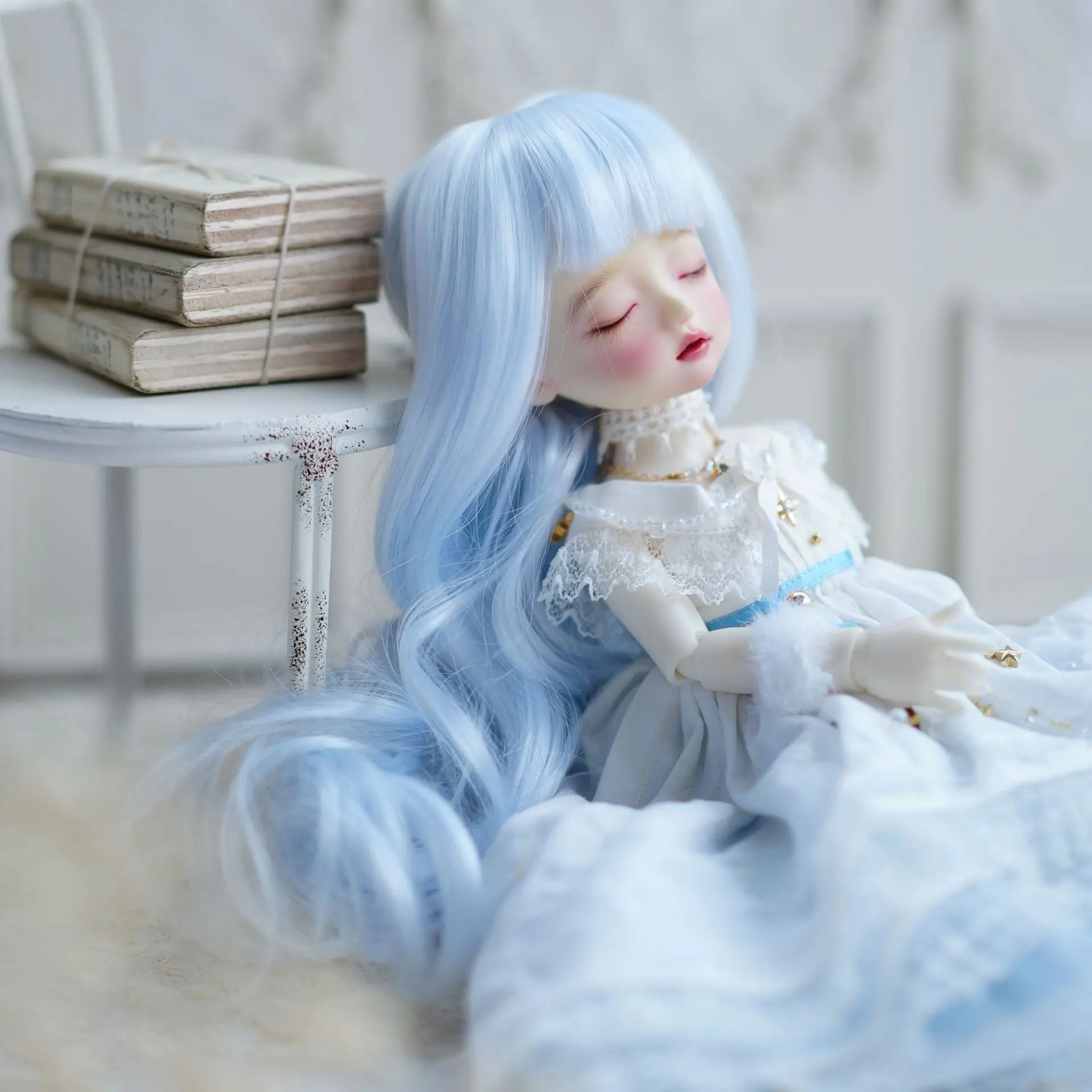 BJD pop pruik voor 1/6 maat lange rol zachte zijde lichtblauwe pruik pop accessoires