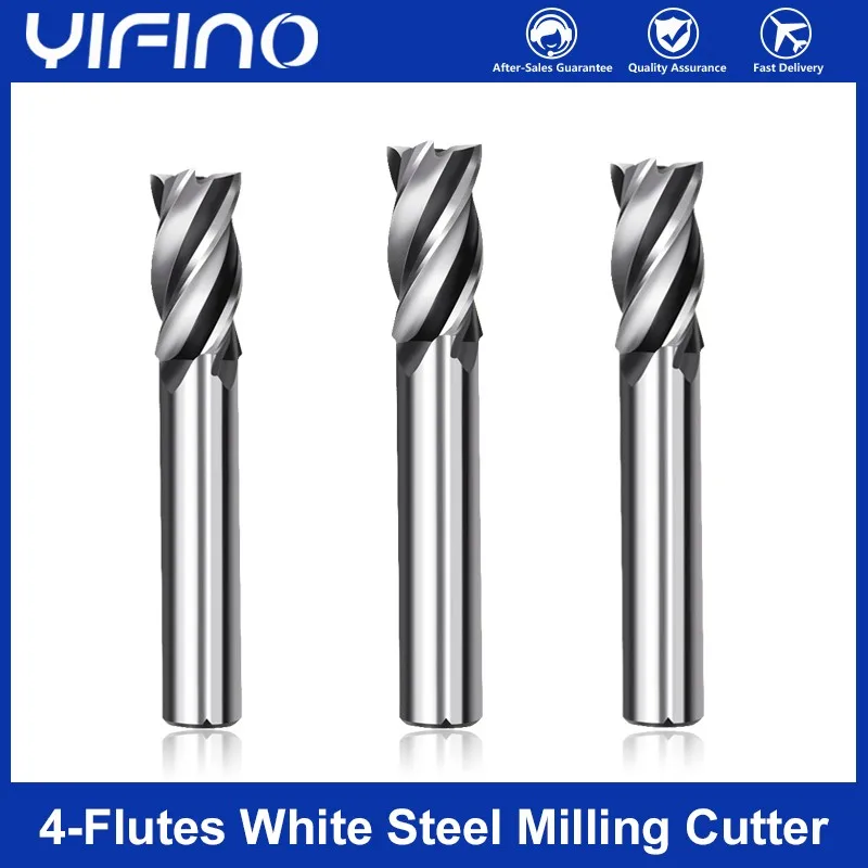 YIFINO 4-Flutes High Hardness White Steel Straight Shank End Mill For CNC Machine Tools Metal Processing HSS Milling Cutter