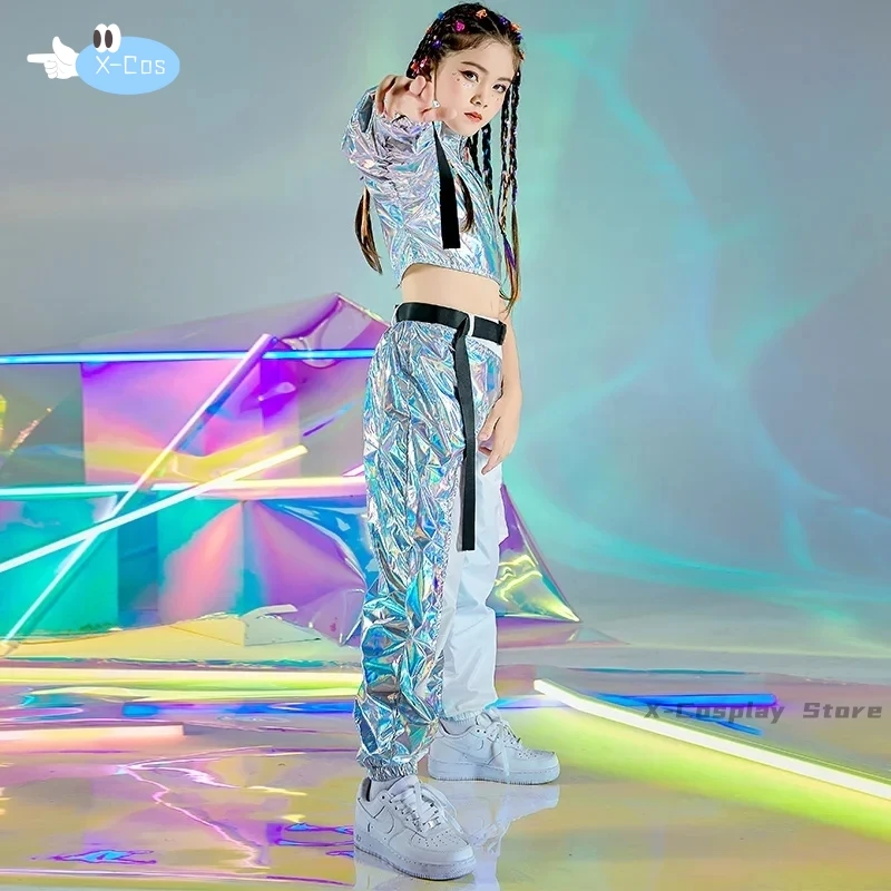 PU Hip-Hop Dance Clothes Reflective Rave Outfit Girl set Jazz Dancewear Festival Crop top pantaloni Cargo passerella Show Costume