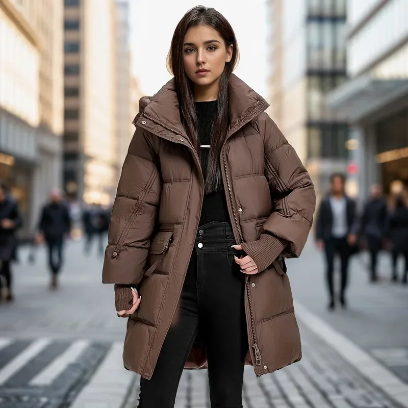 

2024 Winter Long Women's Down Cotton Jacket Female Stand Collar Hooded Parkas Pockets Coats Women Knee Length Thick Warm Jacket