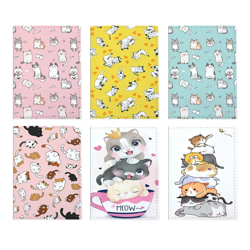 Cartoon Cat Pattern Passport Holder Travel Ticket Wallet Leather Passport Cover Graffiti Cat Design Bank Card Holder Wholesale