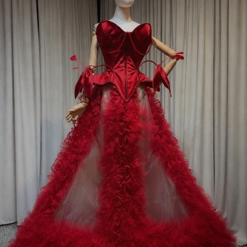 Luxury Gothic Red Ruffled Tulle Skirt Women Vintage High Waist A-Line Bell Tutu Maxi Long Skirt Style Evening Party Prom NO TOP