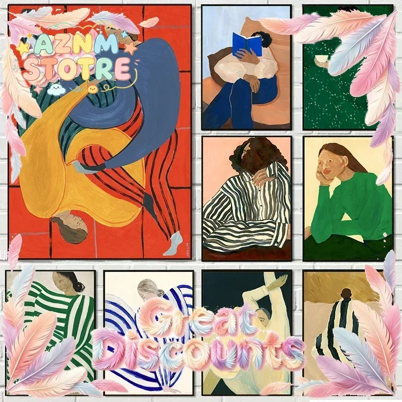 Abstract Nordic Figure Lines Girl Reading Book Posters Prints Wall Art Canvas Painting Blue Strip Wall Picture Home Room Deco