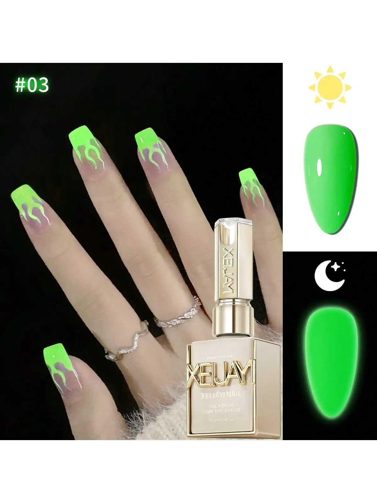 XEIJAYI 1Pc 15ML Smalto per unghie gel verde che si illumina al buio - Top coat luminoso per manicure e salone di casa e fai da te - Lunga durata