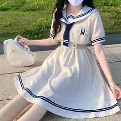 CGC Preppy Style Sailor Collar Women White Lolita Dresses Kawaii Japanese Short Dresses Vintage Summer Female Elegant Party Dres
