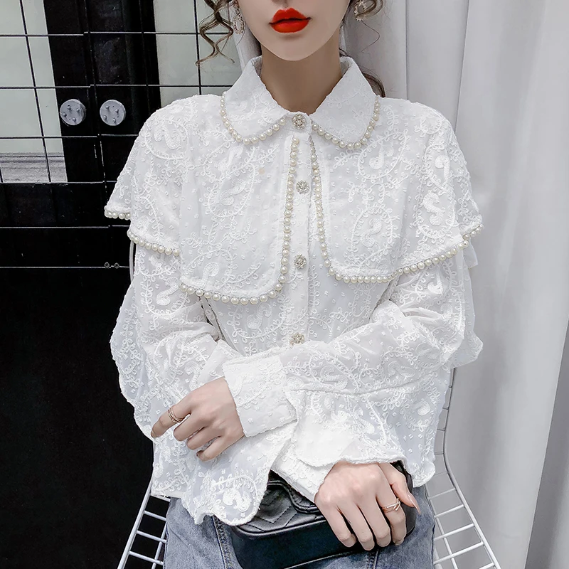 Autumn Fashion Women Chiffon Blouses Long Sleeve Beading Women Tops Casual lace Office Lady Women Clothing