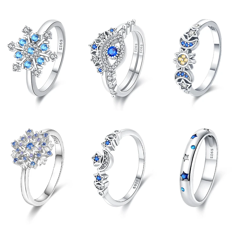 Ring Snowflake Blue Zircon Star Moon Ring Original Silver Valentine's Fine Gift Women Jewelry Wedding Decorative Accessory