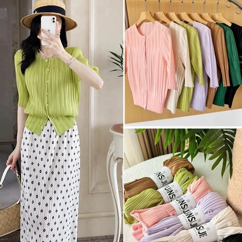 

Miyake Pleated Top Knitted Sunscreen Cardigan Summer Thin Outwear Casual Short-sleeved Jacket Women's Top T-shirt Polyester