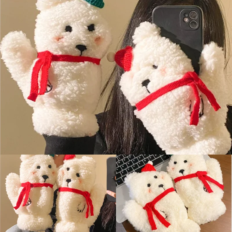 

Зимняя милая рождественская шапка, плюшевые перчатки с плюшевым мишкой и пальцами, дизайнерская зимняя теплая шапка с полным покрытием, связанная на палец для студентов