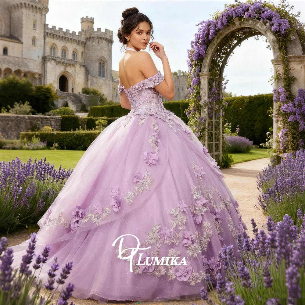 

Princess Lilac Quinceanera Dresses for Women Off the Shoulder 3D Flowers Lace Sweet 15 Dresses Mesh Coming of Age Ball Gown