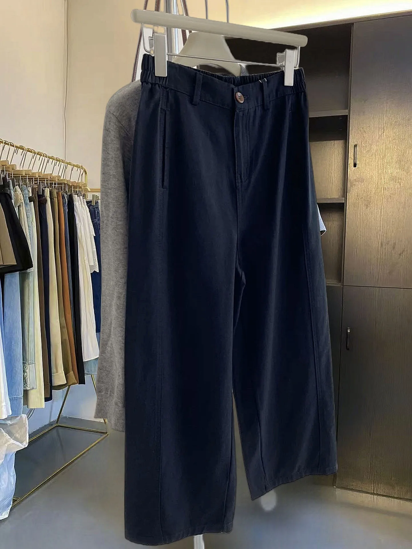 

High Waist Wide Leg Cotton Pants Women's Autumn Outerwear Washed Nine Points Slimming Trousers Casual Style for plus Size