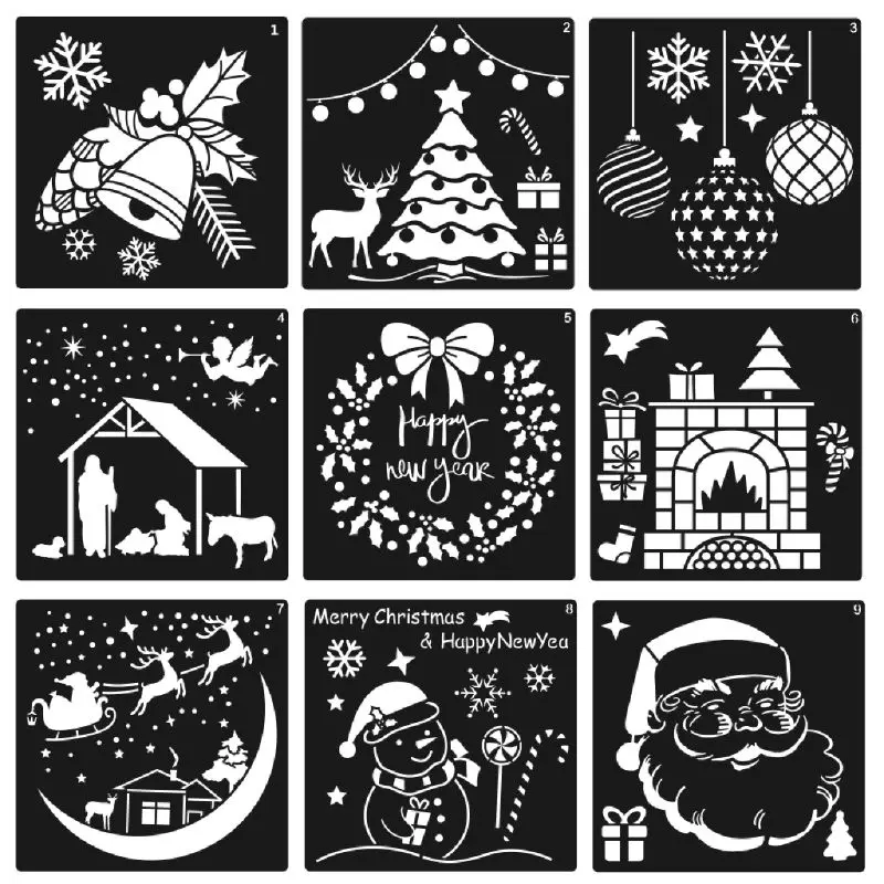 12pcs Christmas Drawing PET Templates Resuable DIY Stencil 5''x 5'' for Home Classroom Wall Door Decoration