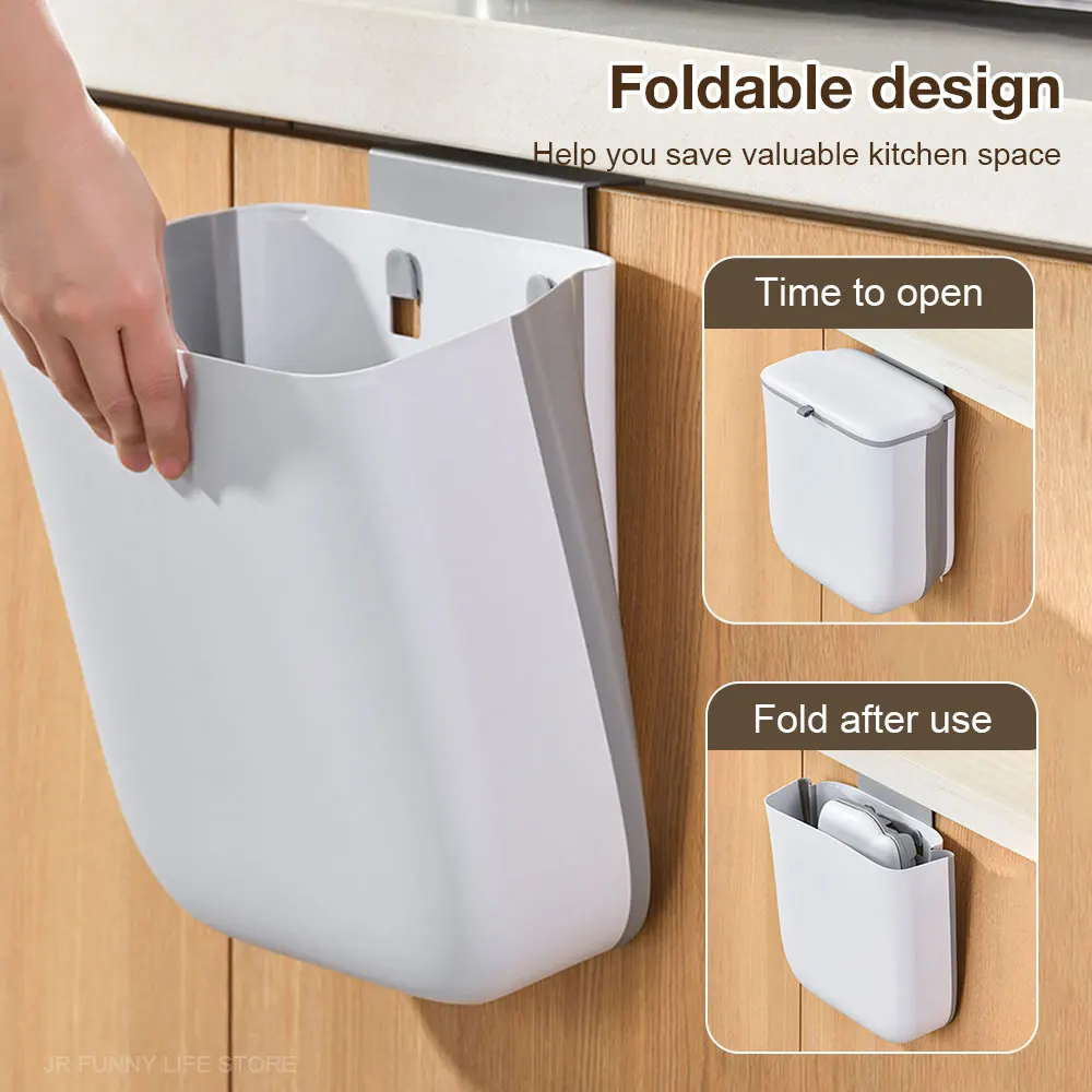 9L Foldable Trash Can For Kitchen Hanging Trash Bin With Lid Wall Recycle Bin Bathroom Garbage Bucket Toilet Wastebasket