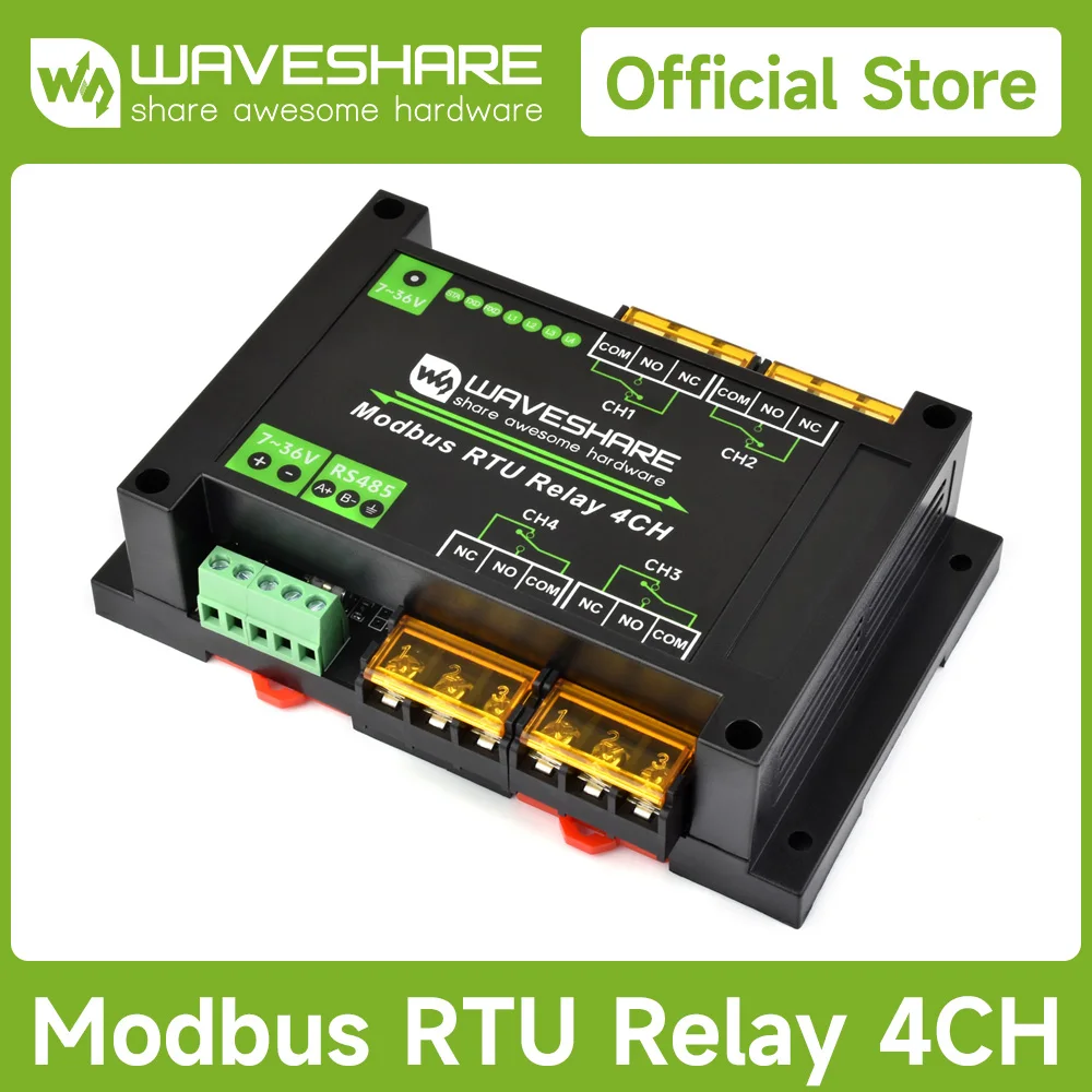 Waveshare Industrial Modbus RTU 4-ch Relay Module with RS485 Interface, 30A High Current, Onboard LED Indicators