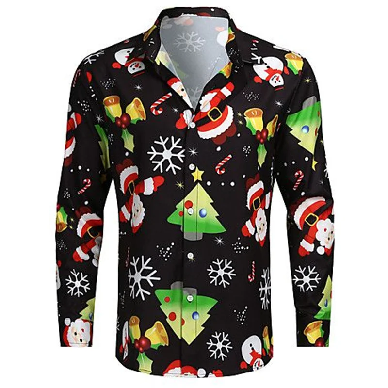 New Year Christmas 3D Printed Pattern Men's Long Sleeve Shirt Autumn Winter Unisex Fashion Casual Comfortable Party Down Shirt