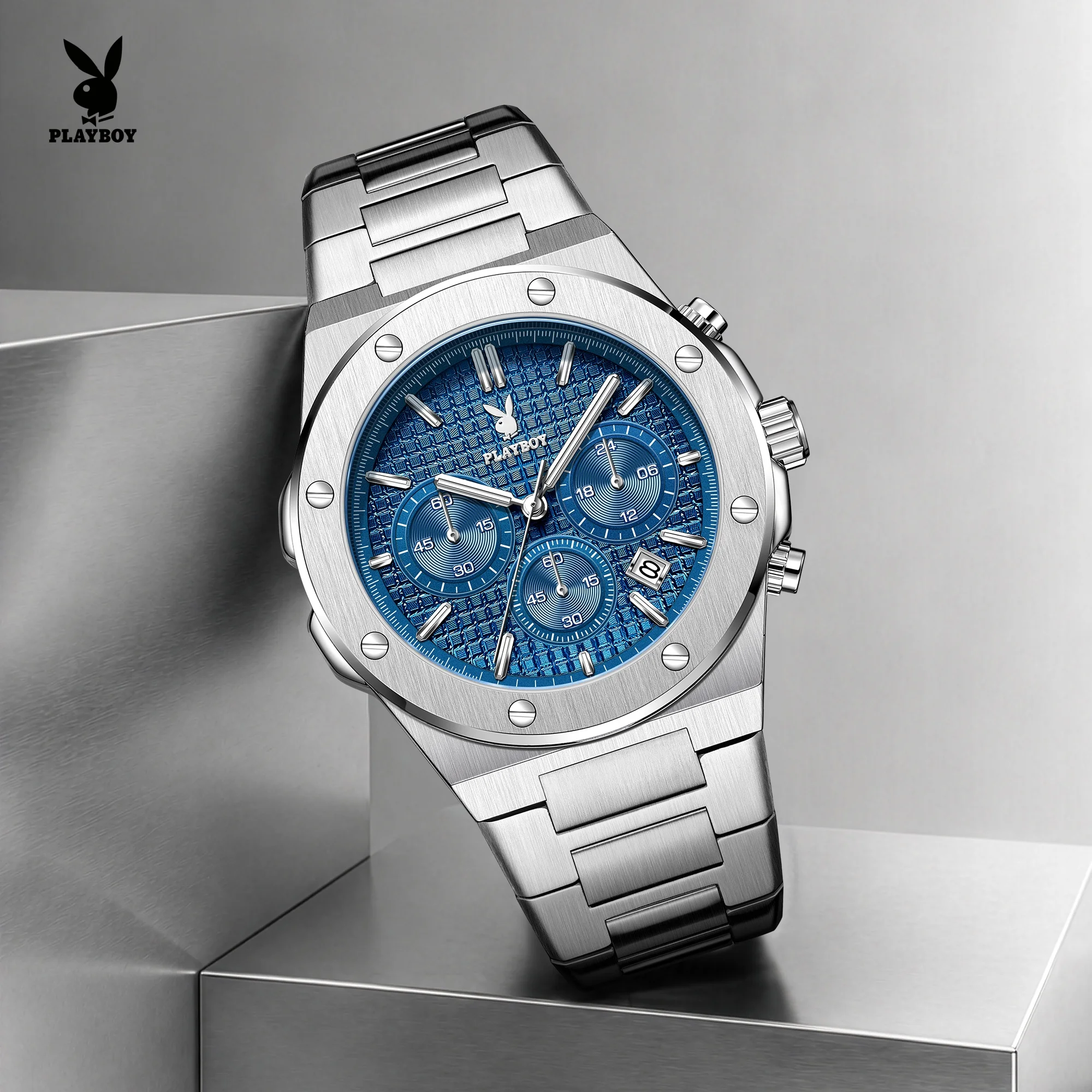PLAYBOY 3561 Watch For Men Women Multifunctional Digital Dial 24-hour Sub-dial Single Calendar Window Stainless Steel Watch