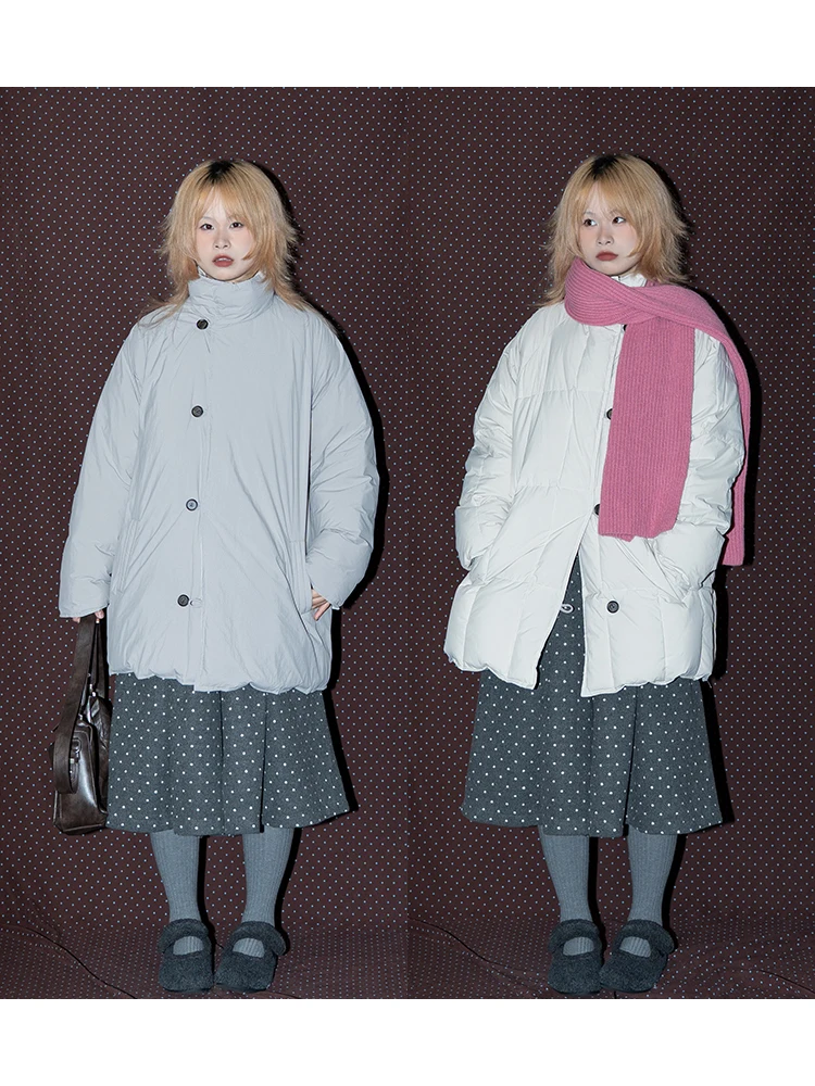 

Двусторонняя пуховая куртка средней длины, 80% белый пух, теплая зимняя верхняя одежда, с воротником-стойкой, длинными рукавами, женская.