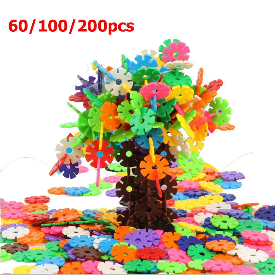 60/100/200pcs Snowflake Buliding Blocks 2 Colors Available Children Puzzle Plastic  Early Education Toys Gift for Kids