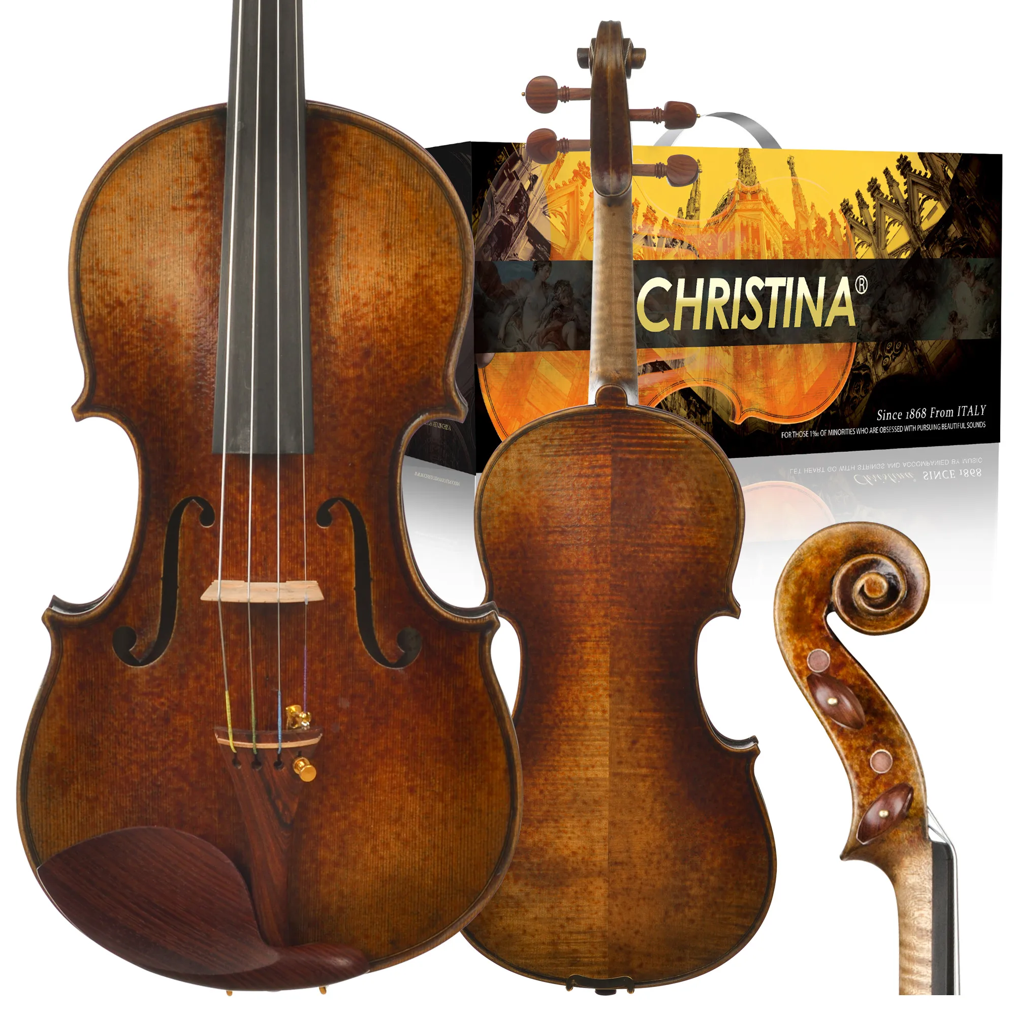 CHRISTINA Purely Handmade Violin V06E Retro Dark Color with Rosewood Fittings 4/4 Size Solid Spruce Two-piece Flame Maple Back