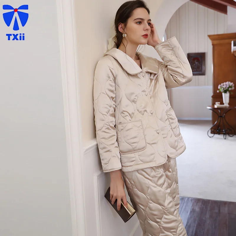 French Pajamas Women's Autumn Winter Long Sleeve suit Solid Color Warm Three-Layer Quilted Cardigan Youth Outwear Home Clothes