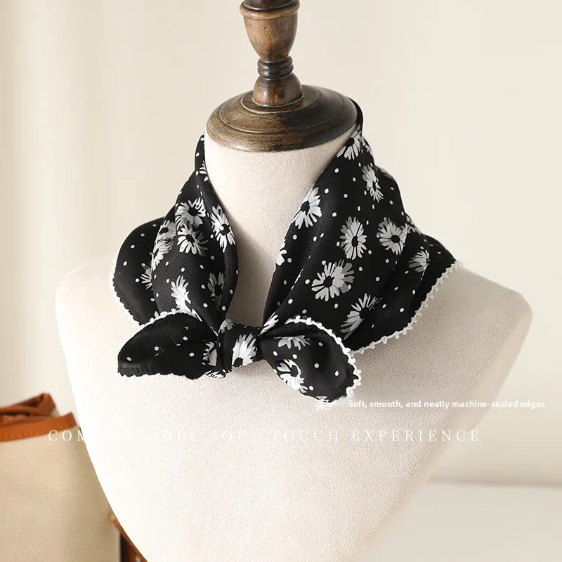 100% MULBERRY SILK Square Scarf Black White Daisy Print Neck Scarf Sweet Elegant Style Decorative Headband Bag Accessory