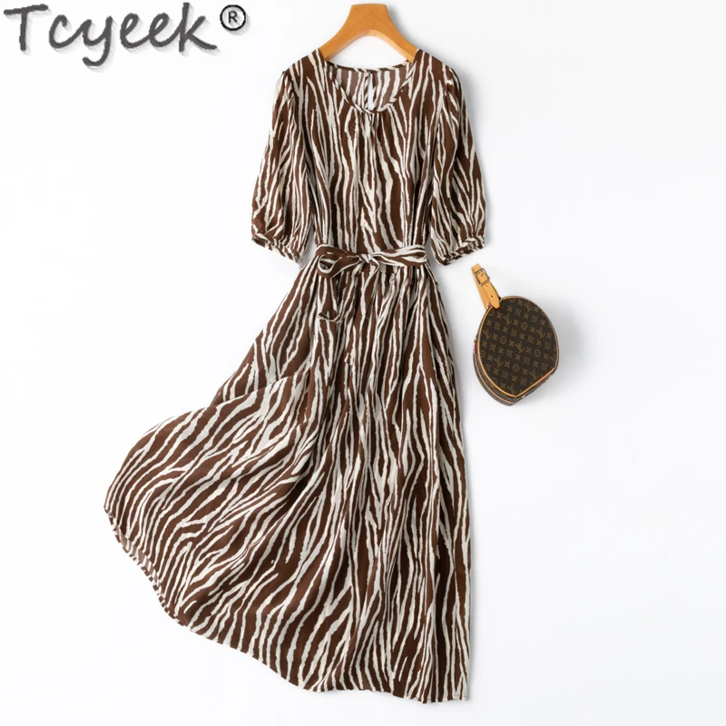 

Tcyeek 100% Mulberry Silk Dress Elegant Dresses for Women Lace-up Zebra Stripes Dress Womens Clothing Spring Summer Long Dresses