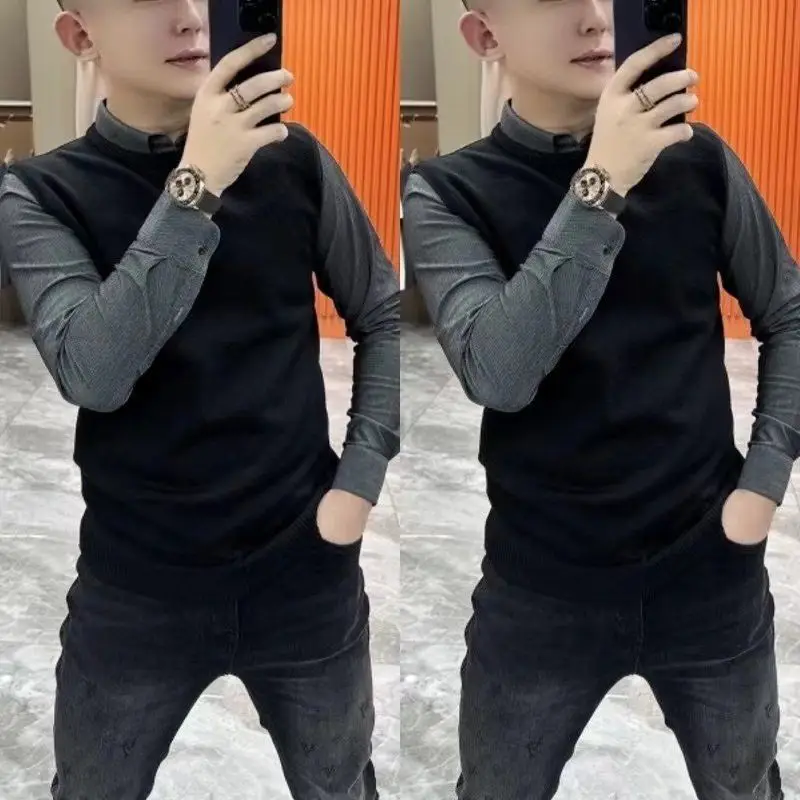 

Autumn New Sle Men's Slim Fit irt Pure Color Patchwork Casual Faion Busin Casual Fake Two-Piece Collar Long Sve