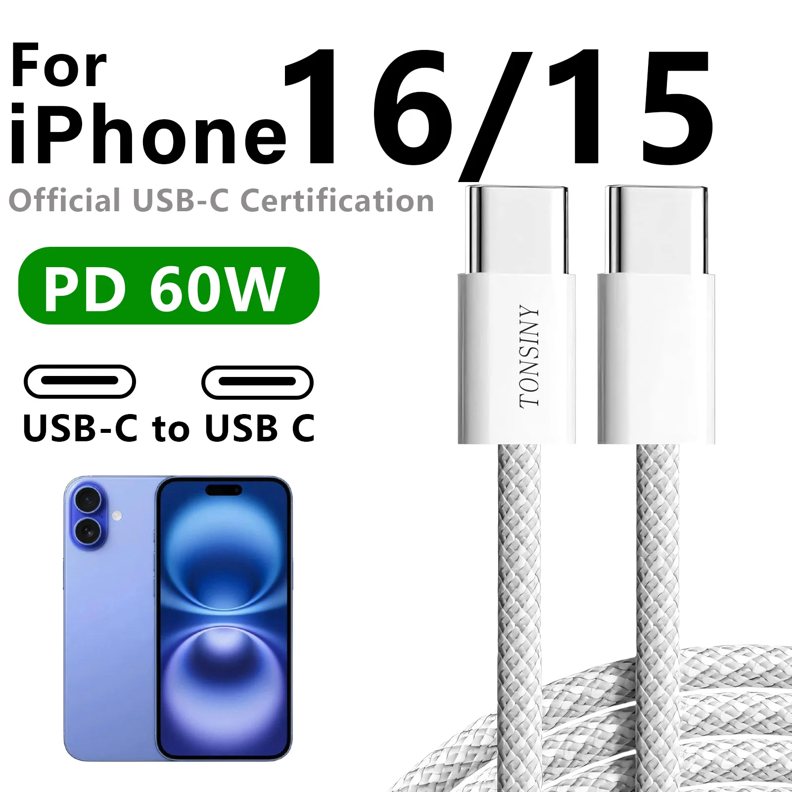 

60W PD USB-C to USB C Fast Charger Cable For iPhone 16 15 Pro Max Plus Type C cord For Xiaomi Samsung Google Quick Charging wire