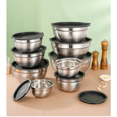 Salladsskålar med lock och halkfria bottnar, set med rostfria skålar för bakning, stapelbara förvaringsskålar 10 best sales skål i rostfritt stål med lock - №10