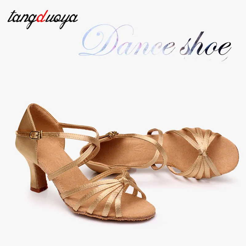 Sepatu Dansa Latin Wanita Baru Sepatu Dansa Tango Ballroom untuk Wanita Wanita Anak Perempuan Satin Hak 5/7Cm Sandal Tari Pesta Grosir