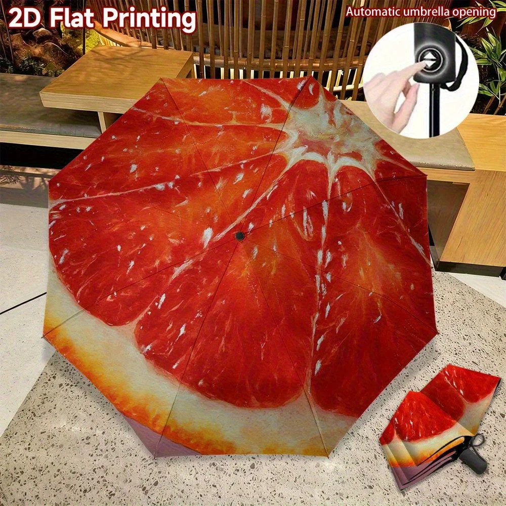 

1 шт. полностью автоматический складной зонт с 2D-изображением апельсинового среза крупным планом | 8 ребер, ткань Pongee 210T, пластиковая ручка, железная фурнитура.
