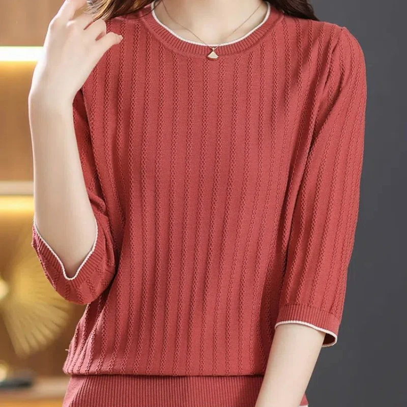 Women\'s Solid Pullover Lantern Long Sleeve Crew Neck Sweater Knitted Casual Screw Thread T-shirt Elegant Spring Autumn Tops