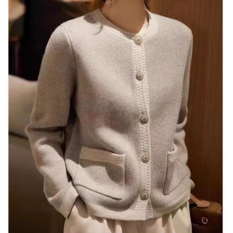 Elegant Tweed Style Round Neck Knit Cardigan Women Casual Contrast Color Pocket Short Coat