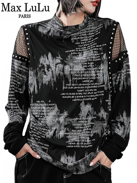 Max LuLu Fall Womens Fashion Sexy Mesh Rivet Off Shoulder Printed T shirts Ladies Luxury Loose Casual Vintage Tops Punk Clothes AliExpress