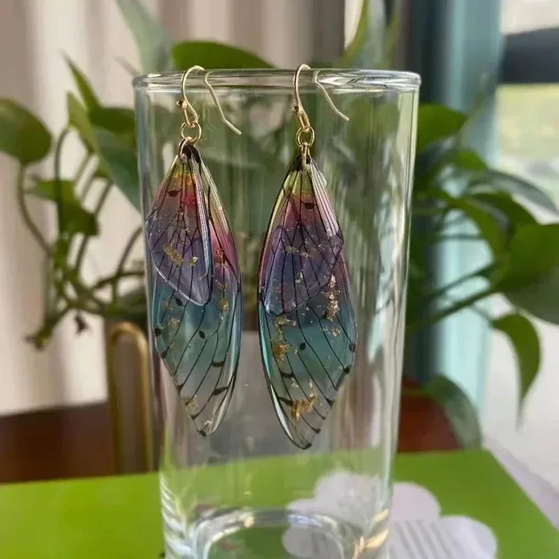 Gradient Color Women Earring Beautiful Silver Cicada Wings Earhook Colorful Large Butterfly Temperament Immortal Dangle Earrings