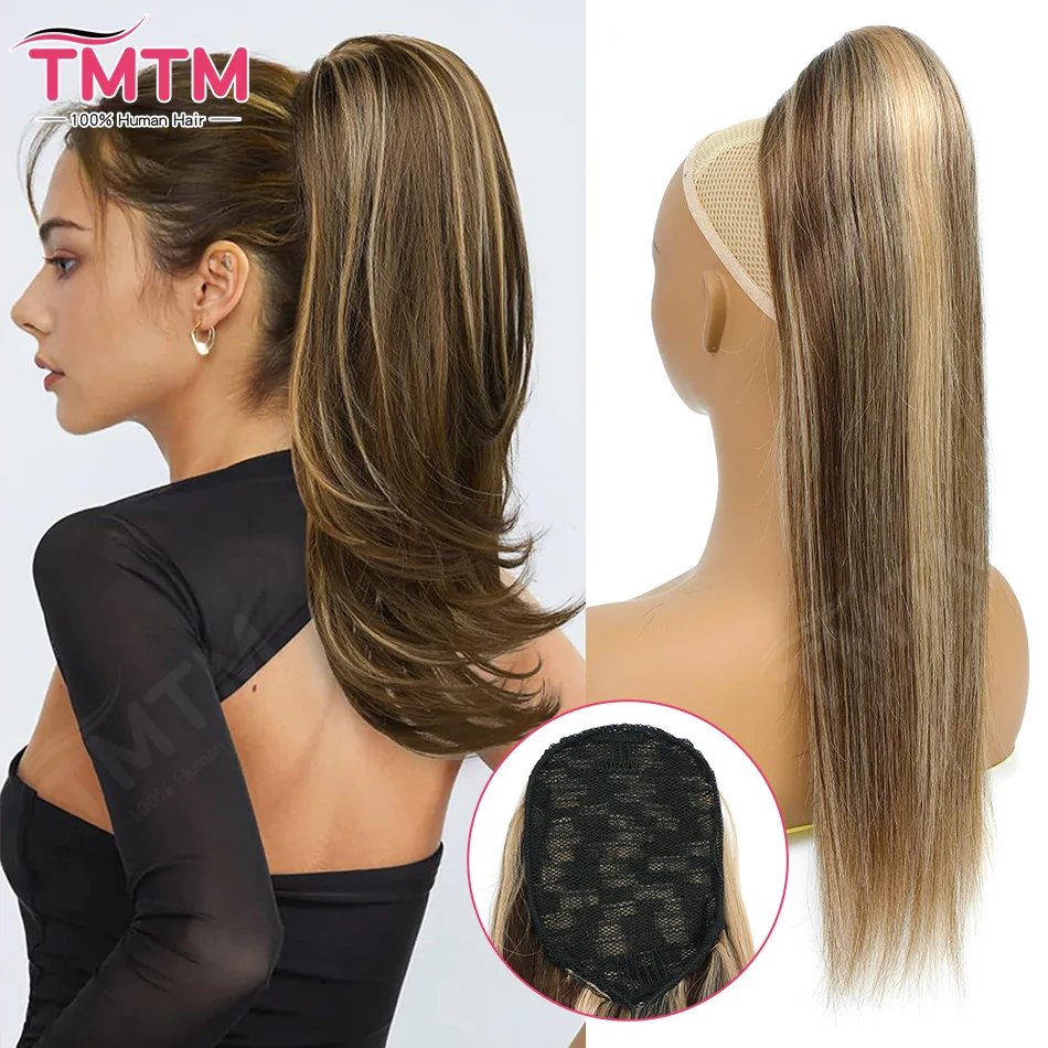 ponytail-human-hair-extensions-with-clips-14-26inch-80-140gram-pack-highlights-straight-human-hair-drawstring-ponytail-for-women