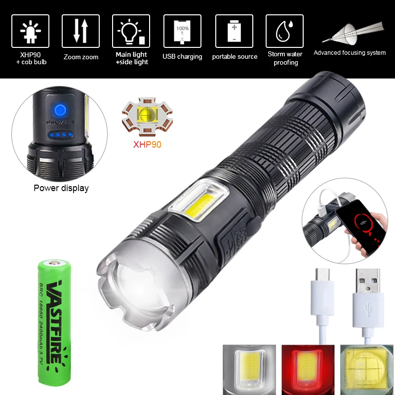 Super Bright 4-Core P90 LED Flashlight Touch COB Side Light