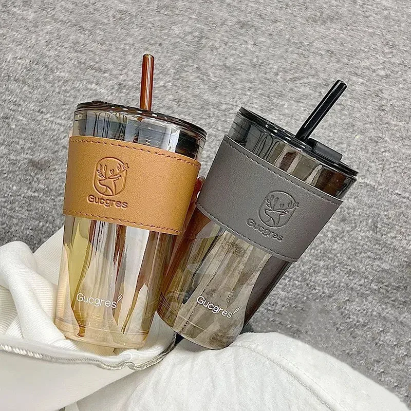 350/450ml Coffee Straw Cup With Lid Heat-Resistant Water Bottle Beer Drinkware Coffee Mug With Straw Deer Printed Leather Glass